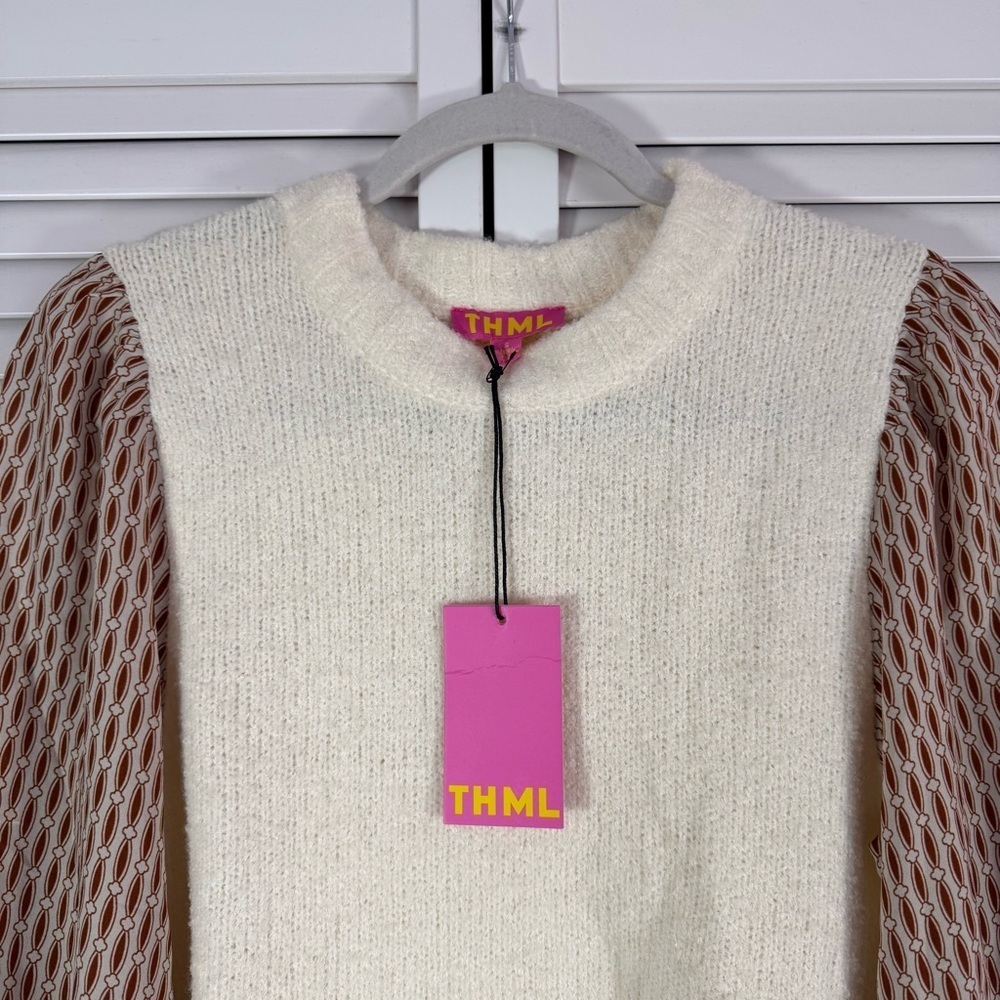 THML Sabrina Mixed Media Sweater Knit Chiffon Cream Size Small NWT - Picture 2 of 6